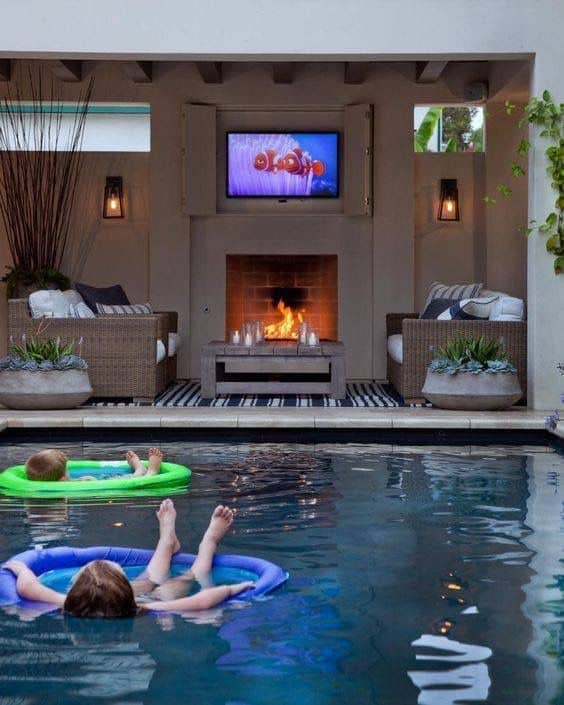 outdoor entertainment system and pool