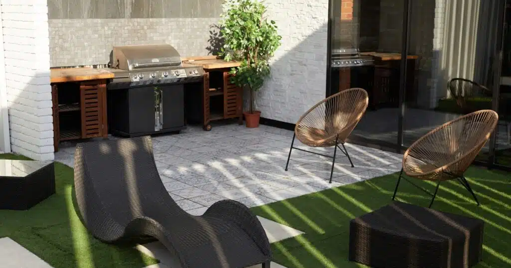 Outdoor space in a small yard with an outside kitchen