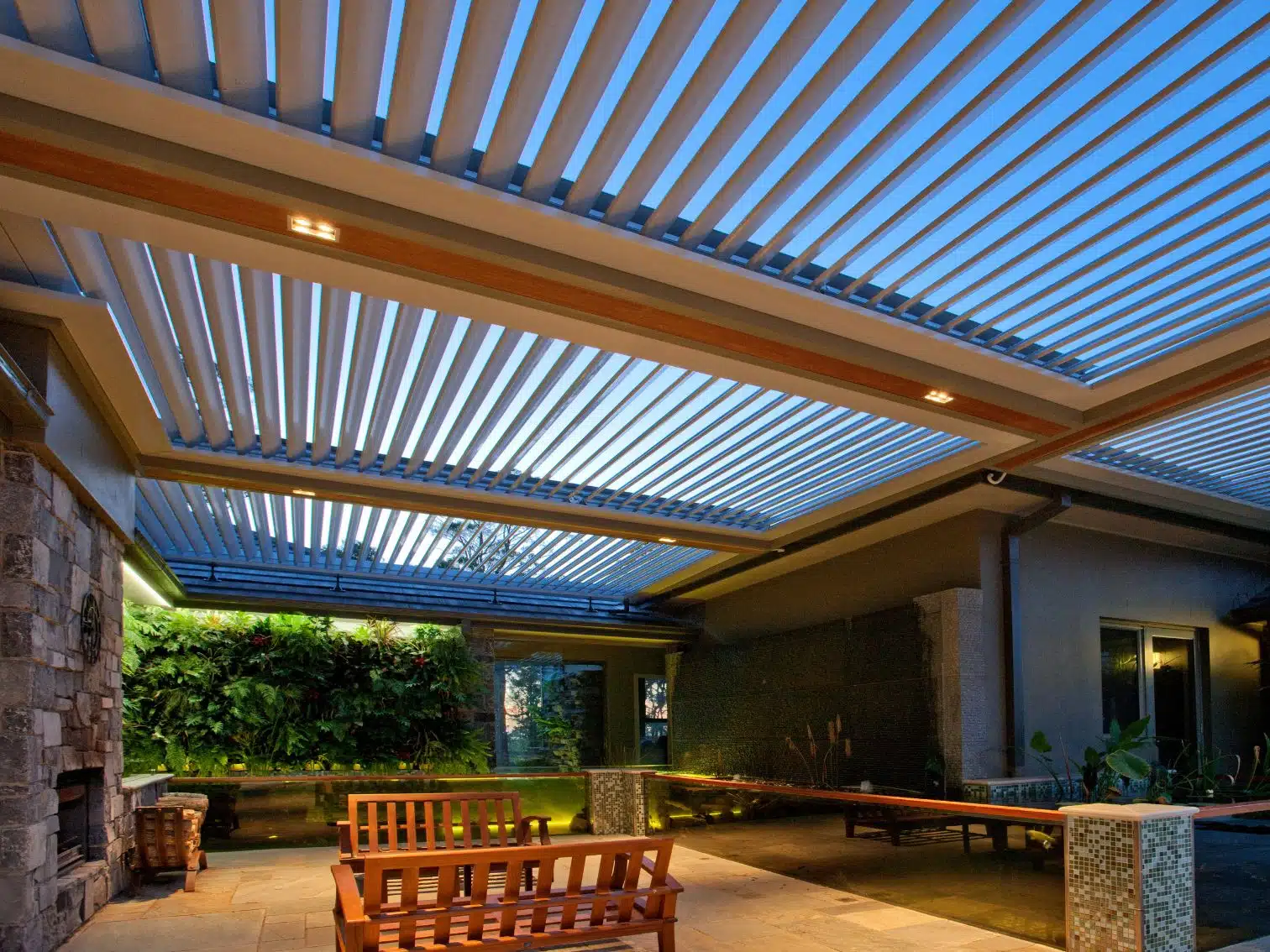 Eclipse Alfresco roof covering the outdoor area, with LED lights installed.