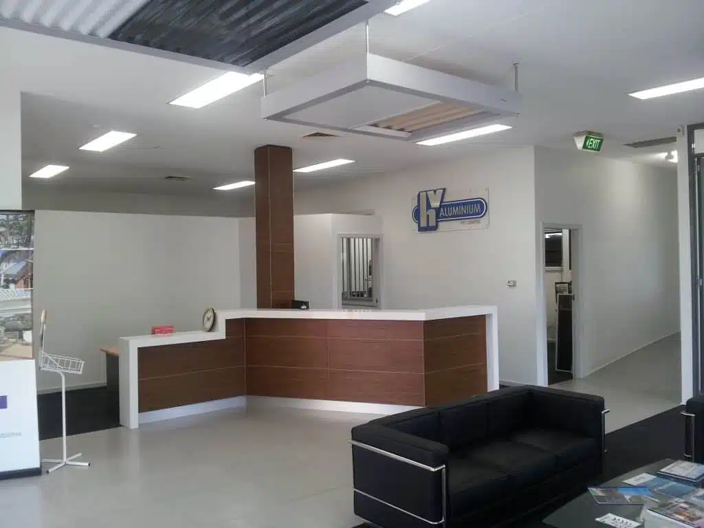 HV Aluminium reception desk at the Newcastle head office.