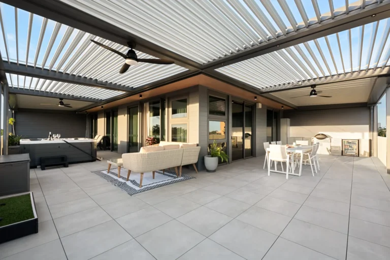 Multiple bay areas of the aluminium louvre roof, installed on high rise building balcony.