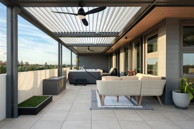 Open louvres on balcony patio cover.