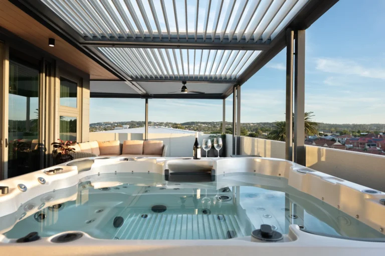 Spa area on high rise building covered by operable louvre roof.